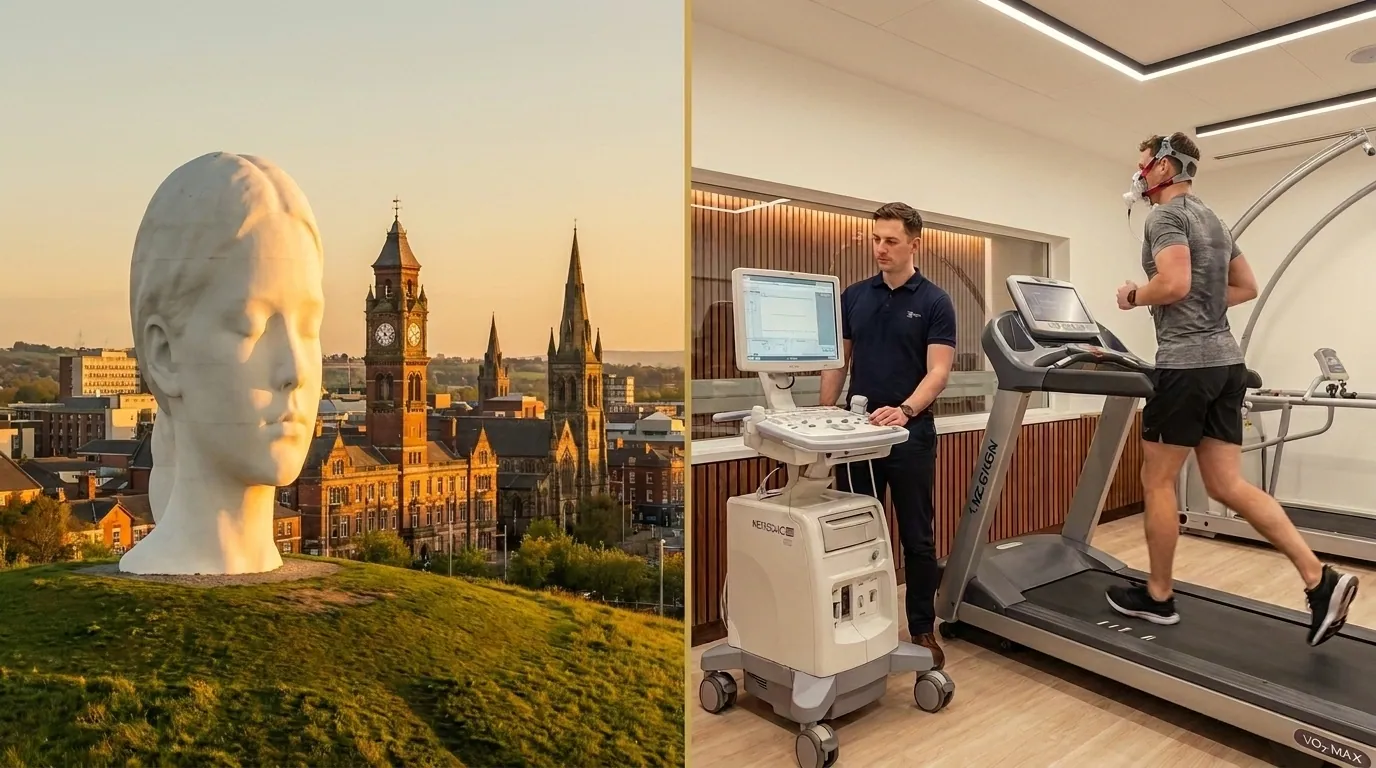St Helens skyline alongside an athlete performing a VO2 Max treadmill test in a mask | TELOMYX mobile VO2 Max testing in St Helens, Merseyside