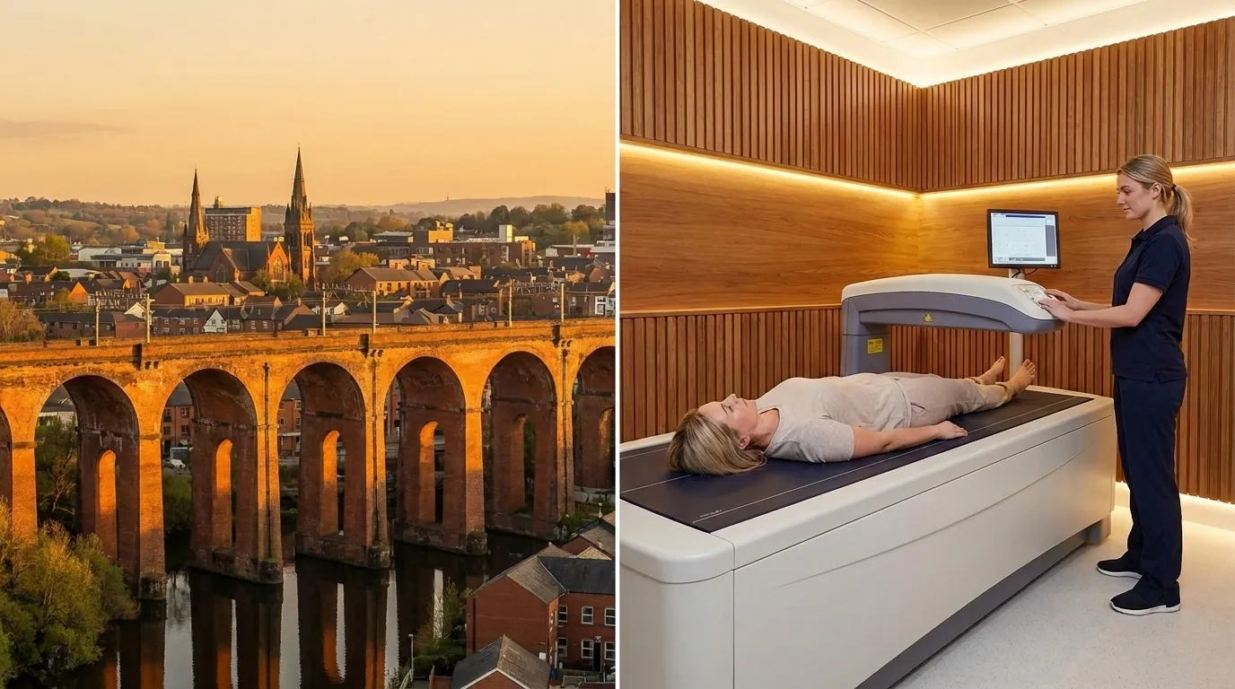 Stockport skyline alongside a clinical-grade DEXA body composition scanner | TELOMYX mobile DEXA scans in Stockport, Greater Manchester