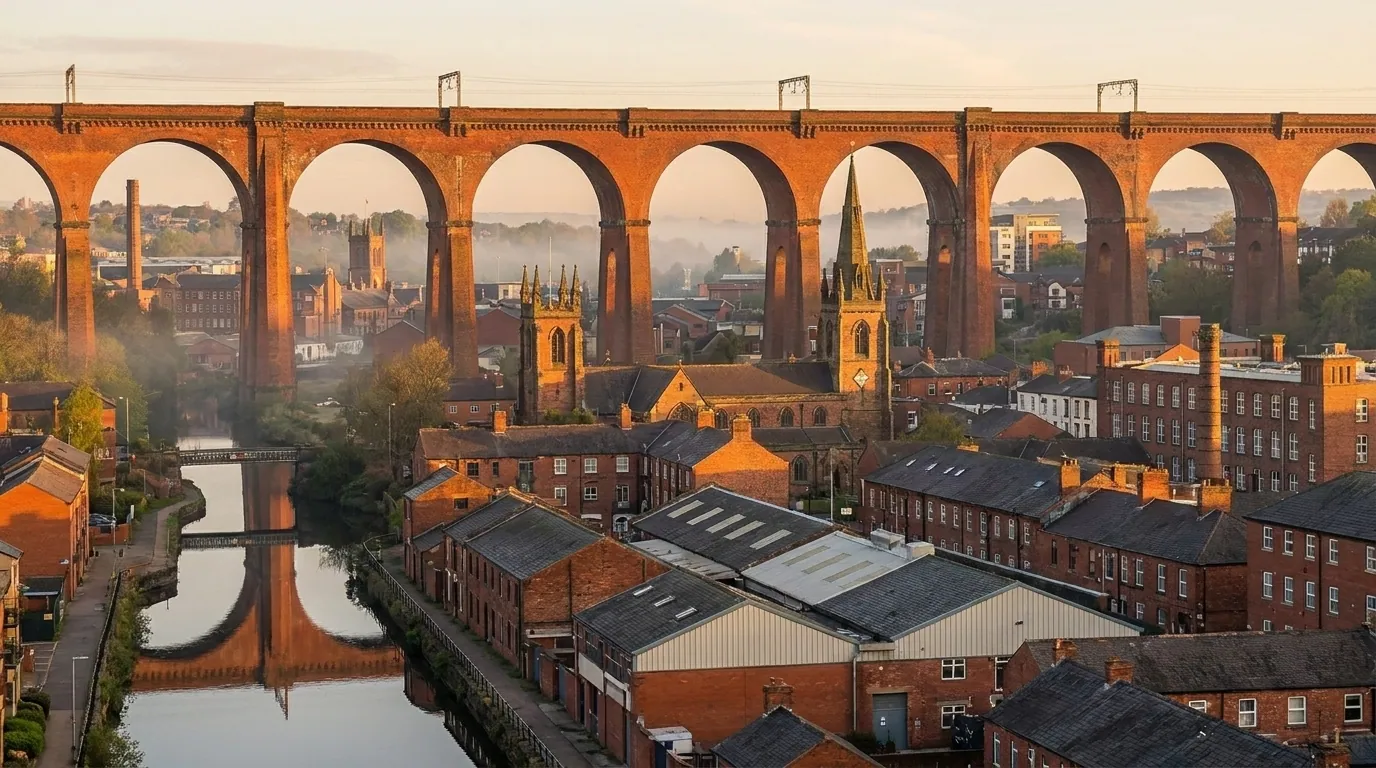 Stockport skyline with the railway viaduct at golden hour | TELOMYX mobile DEXA, VO2 Max and RMR testing in Stockport, Greater Manchester