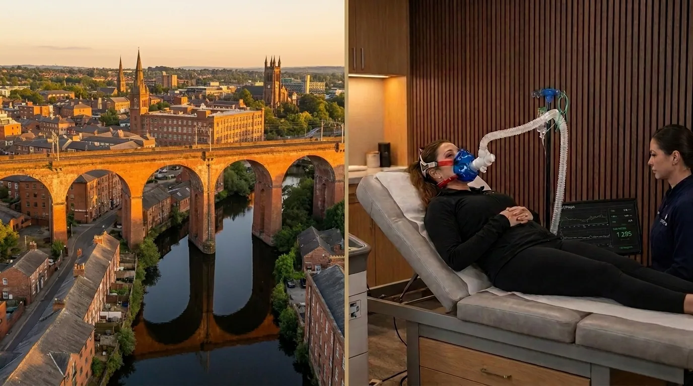 Stockport skyline alongside a clinical resting metabolic rate test being performed in a premium wellness clinic | TELOMYX mobile RMR testing in Stockport, Greater Manchester
