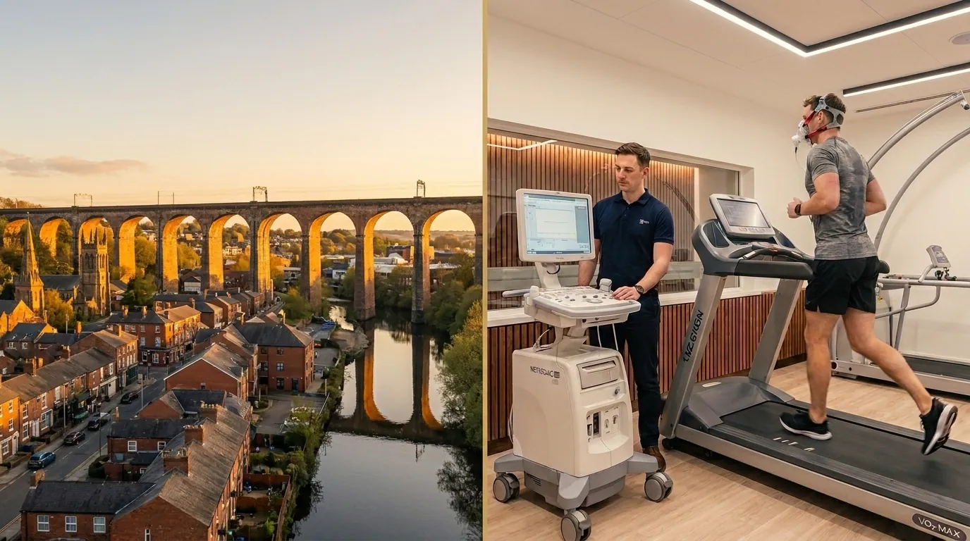 Stockport skyline alongside an athlete performing a VO2 Max treadmill test in a mask | TELOMYX mobile VO2 Max testing in Stockport, Greater Manchester