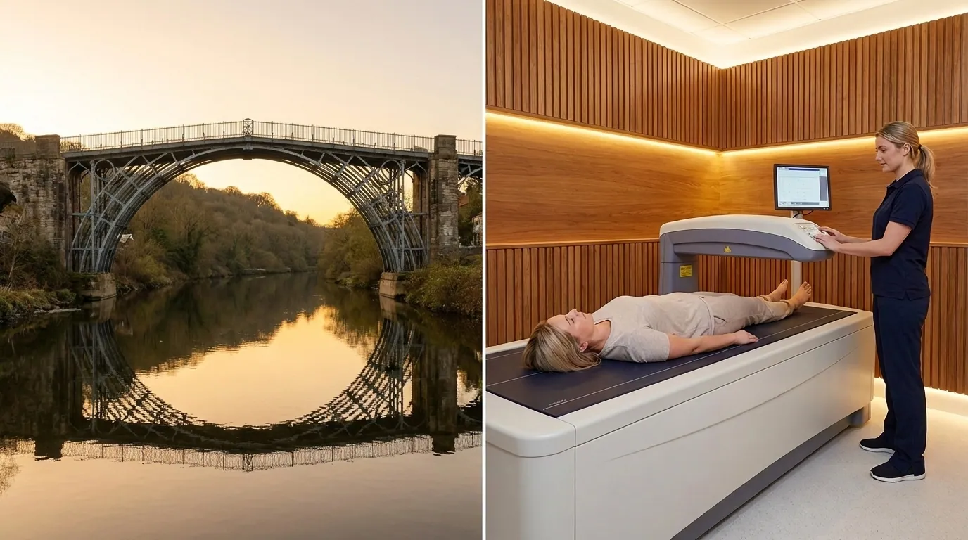 Telford's Iron Bridge alongside a clinical-grade DEXA body composition scanner | TELOMYX mobile DEXA scans in Telford and Shropshire