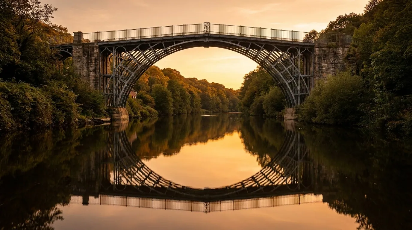 The Iron Bridge over the River Severn at Ironbridge Gorge near Telford at golden hour | TELOMYX mobile DEXA, VO2 Max and RMR testing in Telford and Shropshire