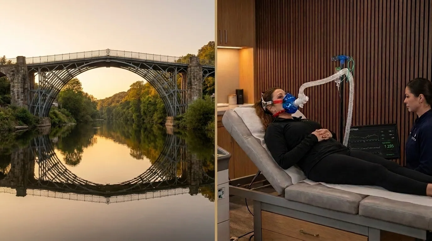 Telford's Iron Bridge alongside a clinical resting metabolic rate test being performed in a premium wellness clinic | TELOMYX mobile RMR testing in Telford and Shropshire