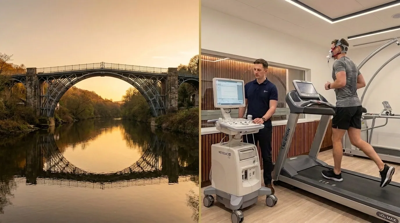 Telford's Iron Bridge alongside an athlete performing a VO2 Max treadmill test in a mask | TELOMYX mobile VO2 Max testing in Telford and Shropshire
