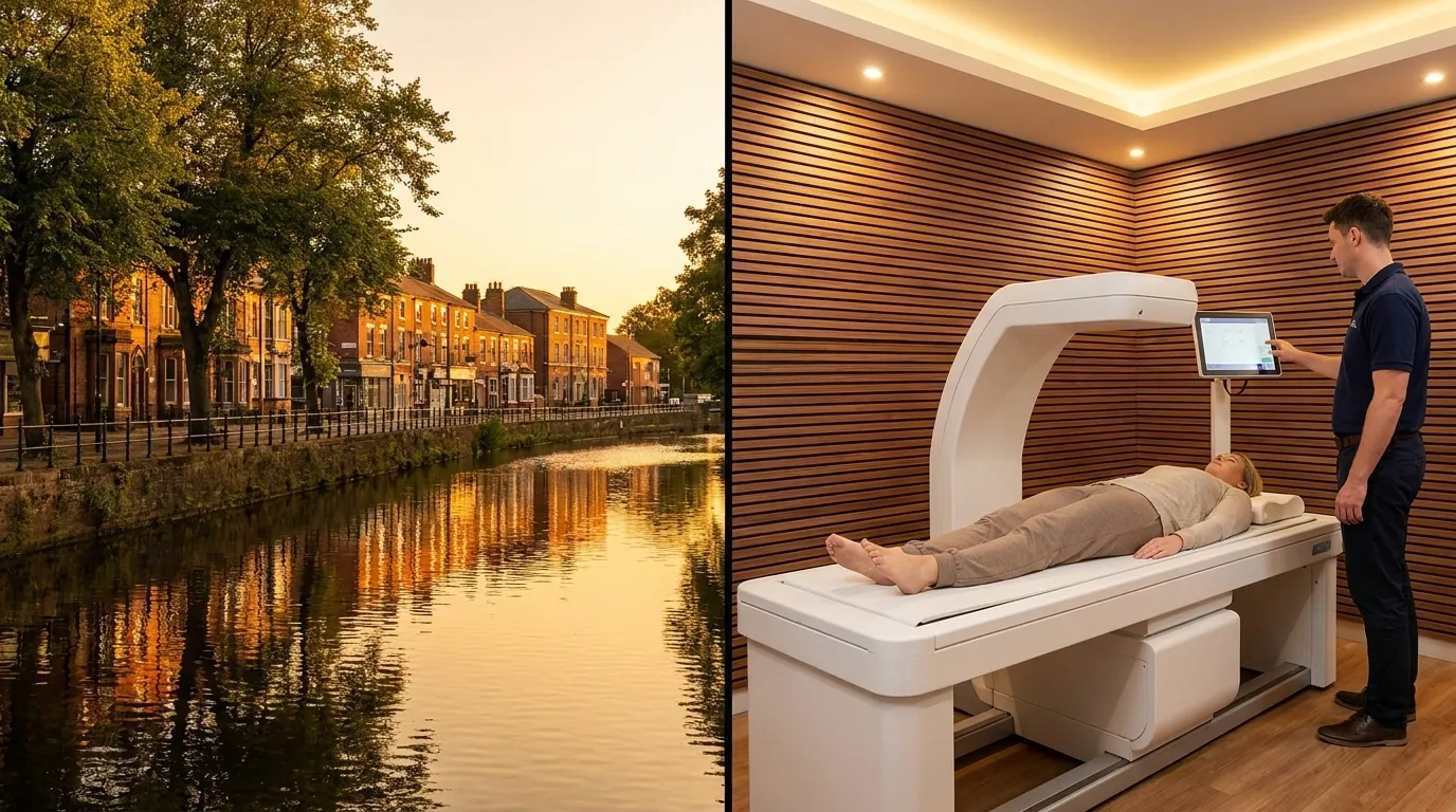 Urmston skyline alongside a clinical-grade DEXA body composition scanner | TELOMYX mobile DEXA scans in Urmston and Greater Manchester