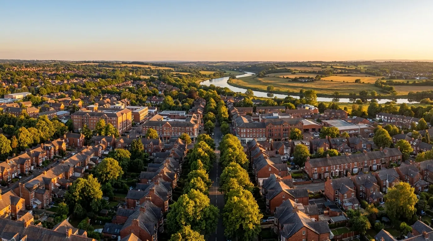 Urmston town centre with tree-lined streets and the River Mersey at golden hour | TELOMYX mobile DEXA, VO2 Max and RMR testing in Urmston and Greater Manchester