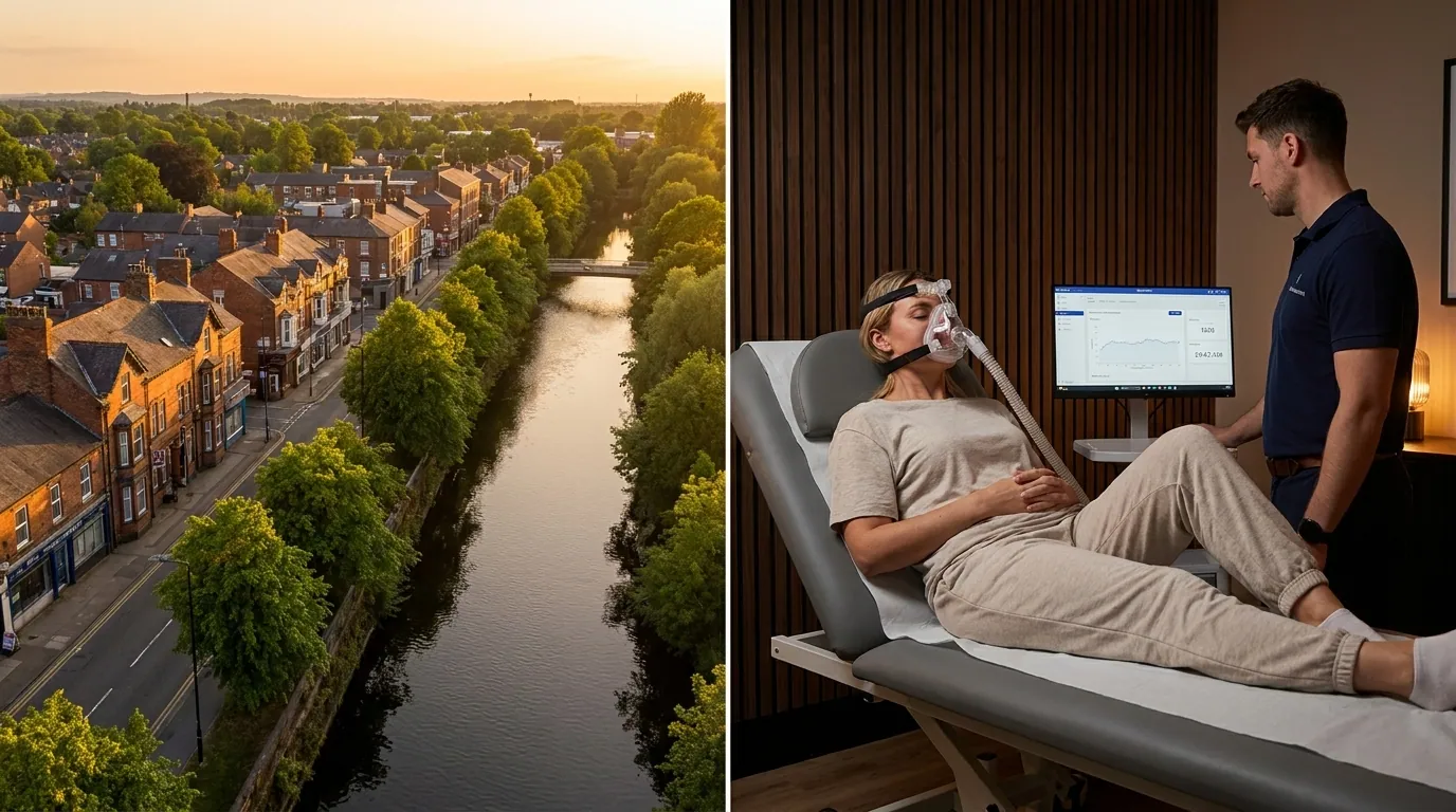 Urmston skyline alongside a clinical resting metabolic rate test being performed in a premium wellness studio | TELOMYX mobile RMR testing in Urmston and Greater Manchester