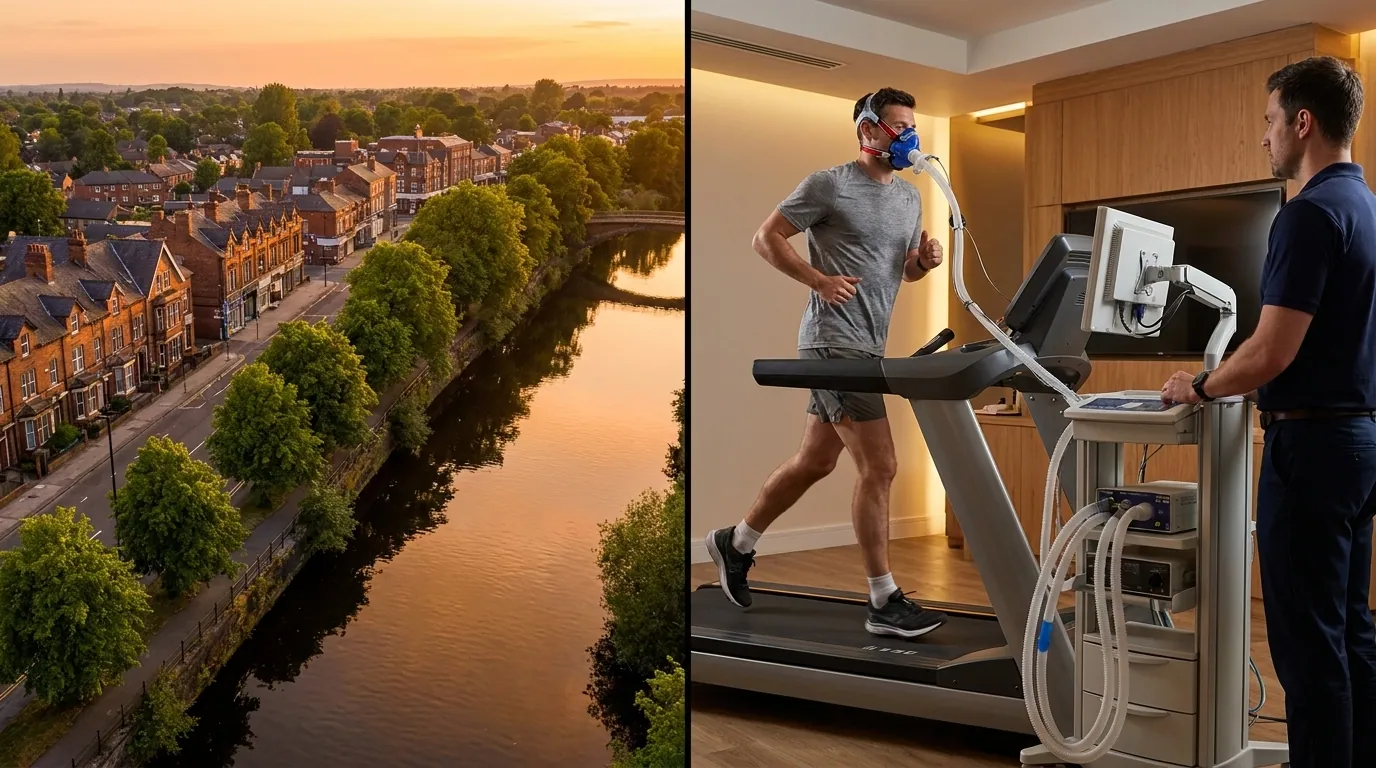 Urmston skyline alongside an athlete performing a VO2 Max treadmill test in a mask | TELOMYX mobile VO2 Max testing in Urmston and Greater Manchester