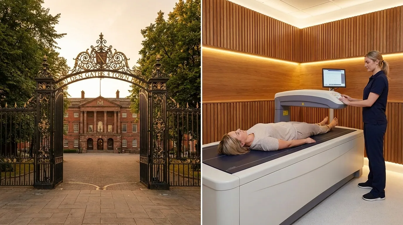 Warrington Town Hall and Golden Gates alongside a clinical-grade DEXA body composition scanner | TELOMYX mobile DEXA scans in Warrington, Cheshire