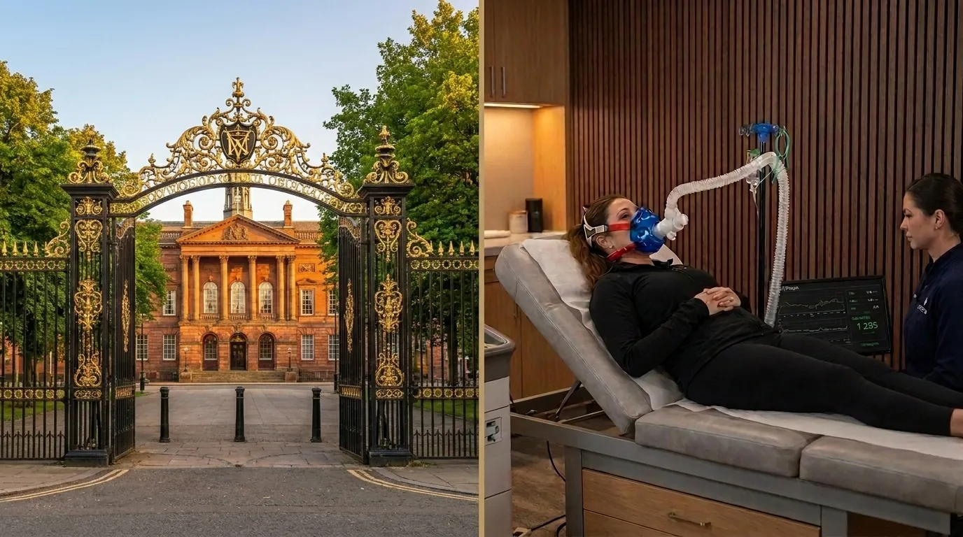 Warrington Town Hall and Golden Gates alongside a clinical resting metabolic rate test being performed in a premium wellness clinic | TELOMYX mobile RMR testing in Warrington, Cheshire