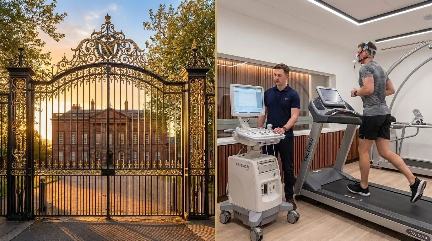 Warrington Town Hall and Golden Gates alongside an athlete performing a VO2 Max treadmill test in a mask | TELOMYX mobile VO2 Max testing in Warrington, Cheshire