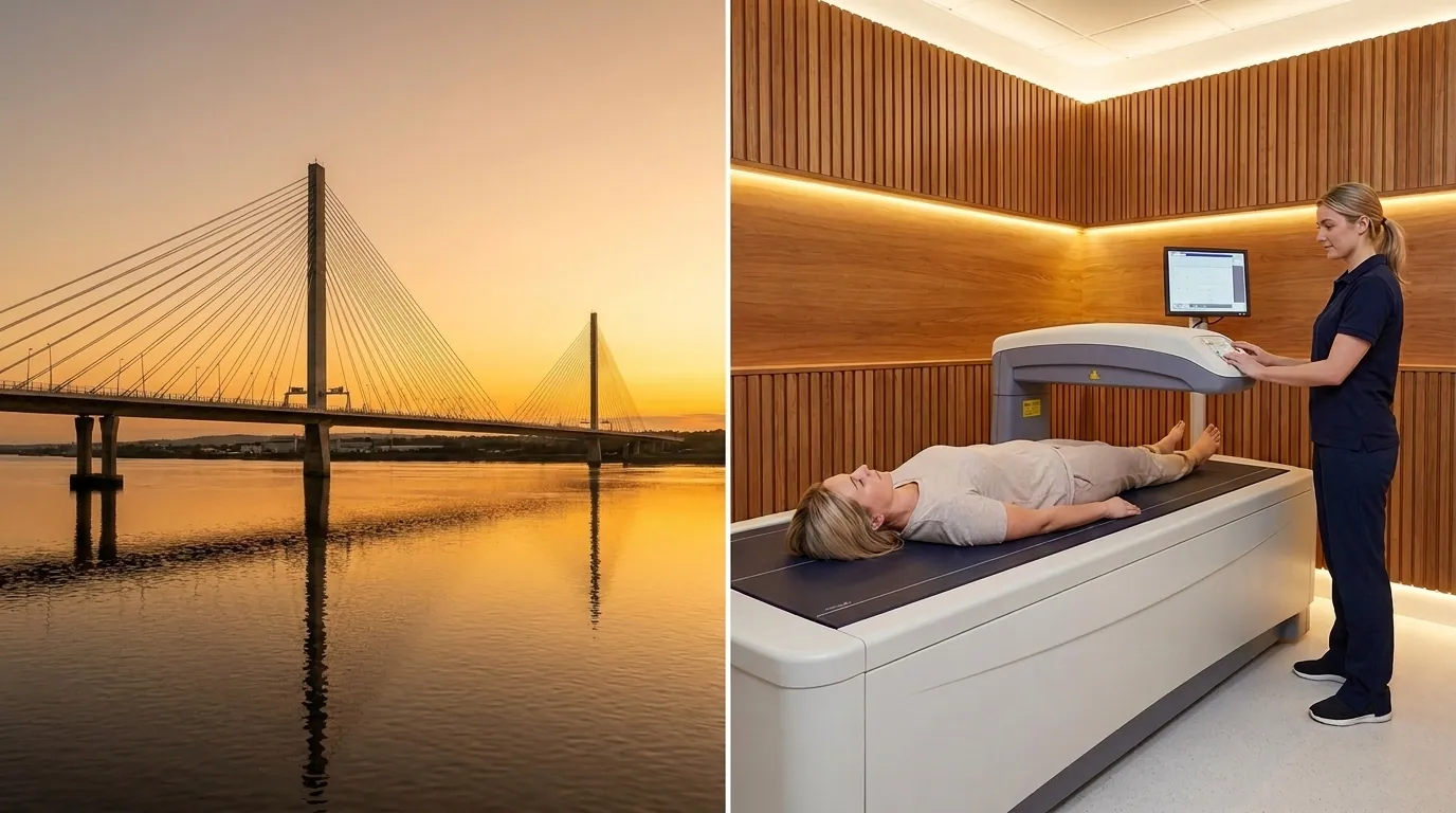 Widnes skyline alongside a clinical-grade DEXA body composition scanner | TELOMYX mobile DEXA scans in Widnes