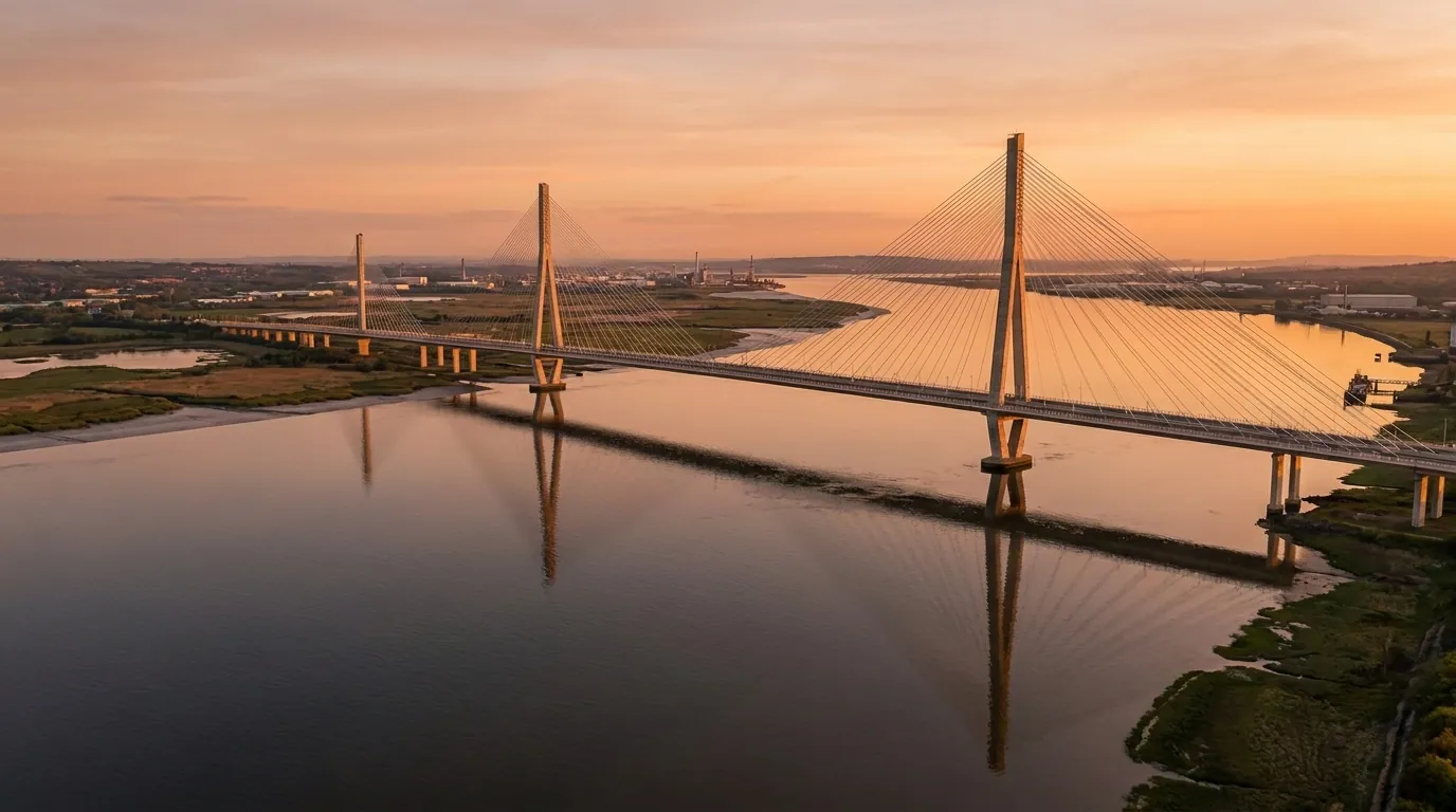 Widnes skyline with the Mersey Gateway bridge over the river at golden hour | TELOMYX mobile DEXA, VO2 Max and RMR testing in Widnes