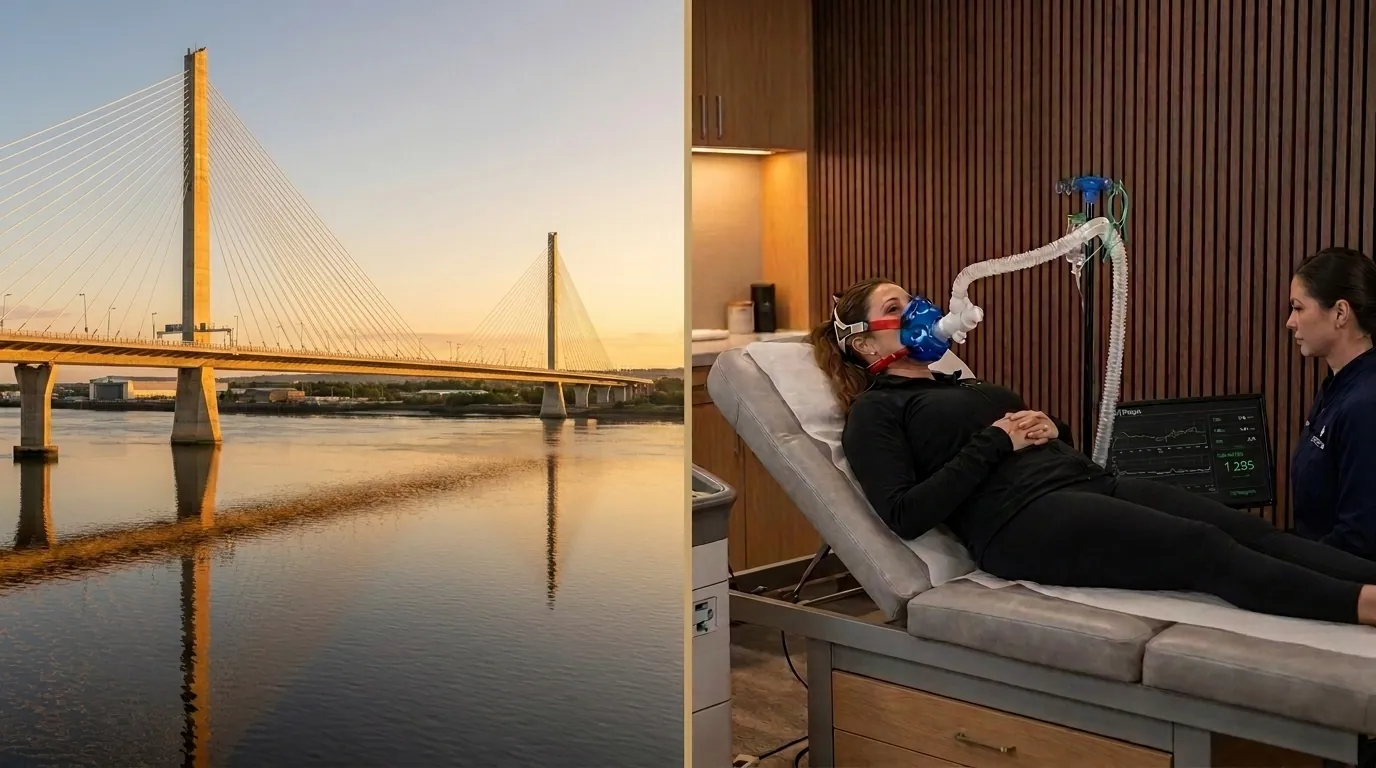 Widnes skyline alongside a clinical resting metabolic rate test being performed in a premium wellness clinic | TELOMYX mobile RMR testing in Widnes