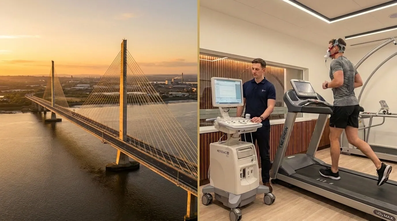 Widnes skyline alongside an athlete performing a VO2 Max treadmill test in a mask | TELOMYX mobile VO2 Max testing in Widnes