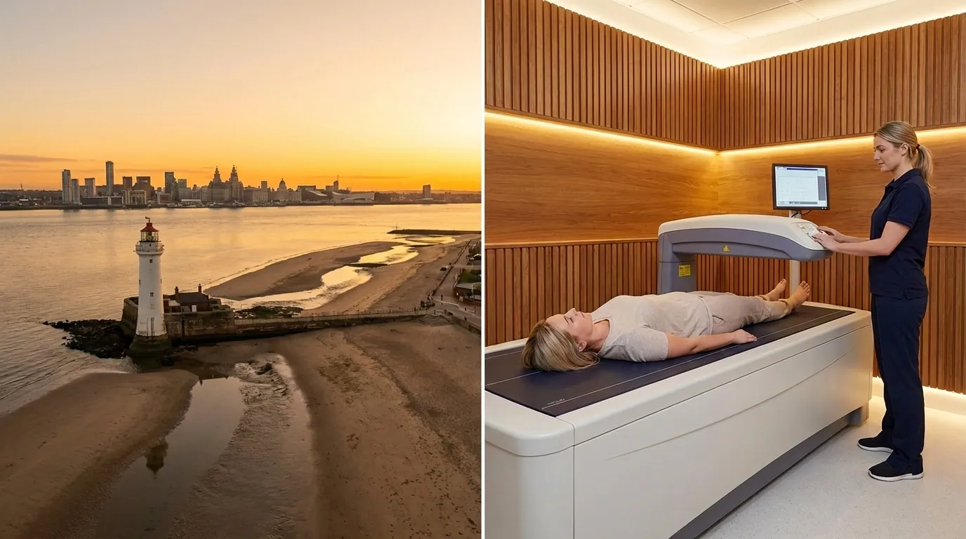 Wirral coastline alongside a clinical-grade DEXA body composition scanner | TELOMYX mobile DEXA scans in Wirral and Merseyside
