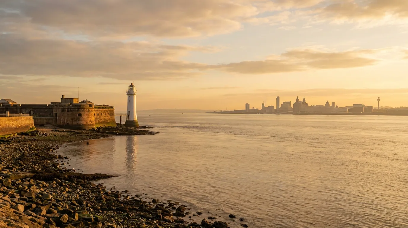 Wirral peninsula waterfront with the New Brighton coastline and Liverpool skyline across the Mersey at golden hour | TELOMYX mobile DEXA, VO2 Max and RMR testing across Wirral and Merseyside