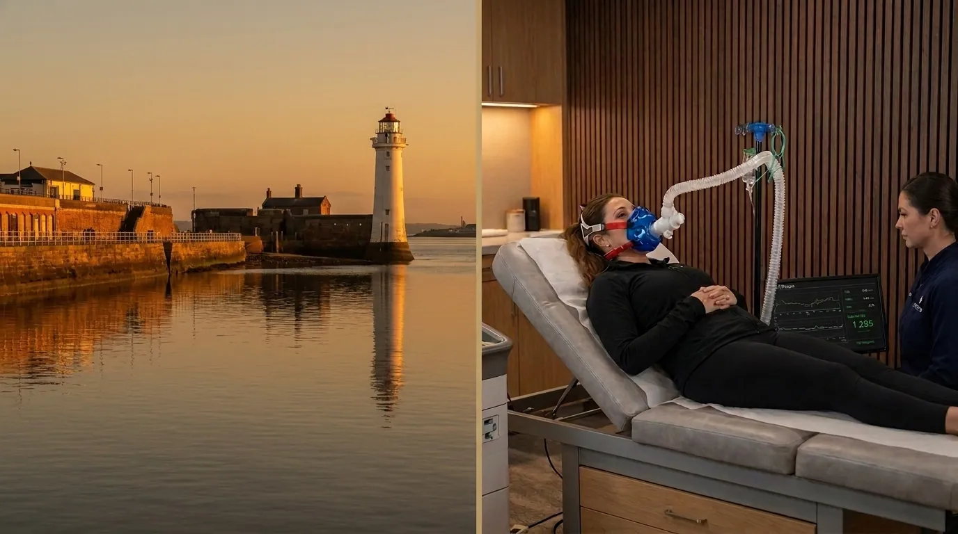Wirral coastline alongside a clinical resting metabolic rate test being performed in a premium wellness clinic | TELOMYX mobile RMR testing in Wirral and Merseyside
