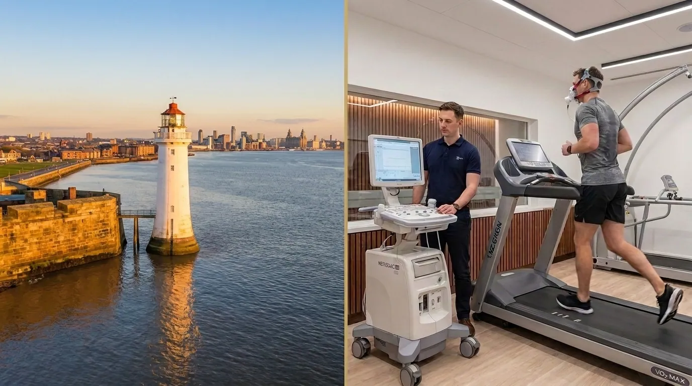 Wirral coastline alongside an athlete performing a VO2 Max treadmill test in a mask | TELOMYX mobile VO2 Max testing in Wirral and Merseyside